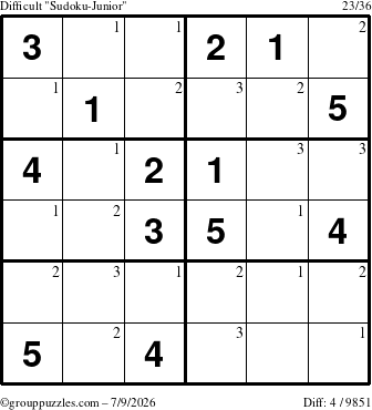 The grouppuzzles.com Difficult Sudoku-Junior puzzle for Thursday July 9, 2026 with the first 3 steps marked