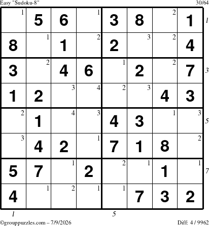 The grouppuzzles.com Easy Sudoku-8 puzzle for Thursday July 9, 2026 with all 4 steps marked