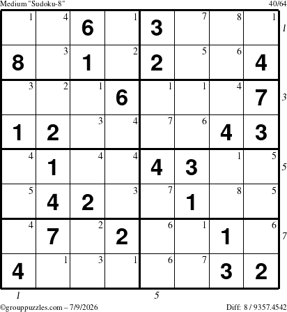 The grouppuzzles.com Medium Sudoku-8 puzzle for Thursday July 9, 2026, suitable for printing, with all 8 steps marked
