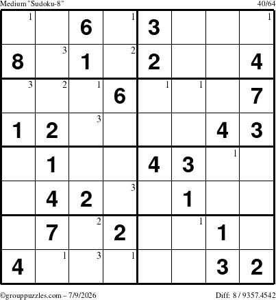 The grouppuzzles.com Medium Sudoku-8 puzzle for Thursday July 9, 2026 with the first 3 steps marked