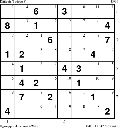 The grouppuzzles.com Difficult Sudoku-8 puzzle for Thursday July 9, 2026, suitable for printing, with all 11 steps marked