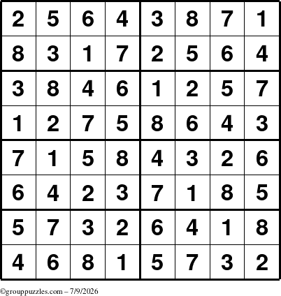 The grouppuzzles.com Answer grid for the Sudoku-8 puzzle for Thursday July 9, 2026