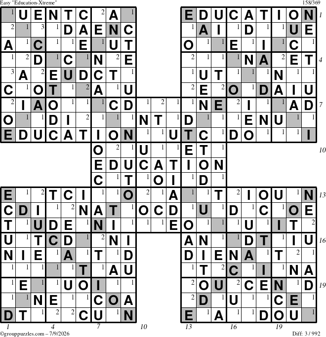 The grouppuzzles.com Easy Education-Xtreme puzzle for Thursday July 9, 2026 with all 3 steps marked