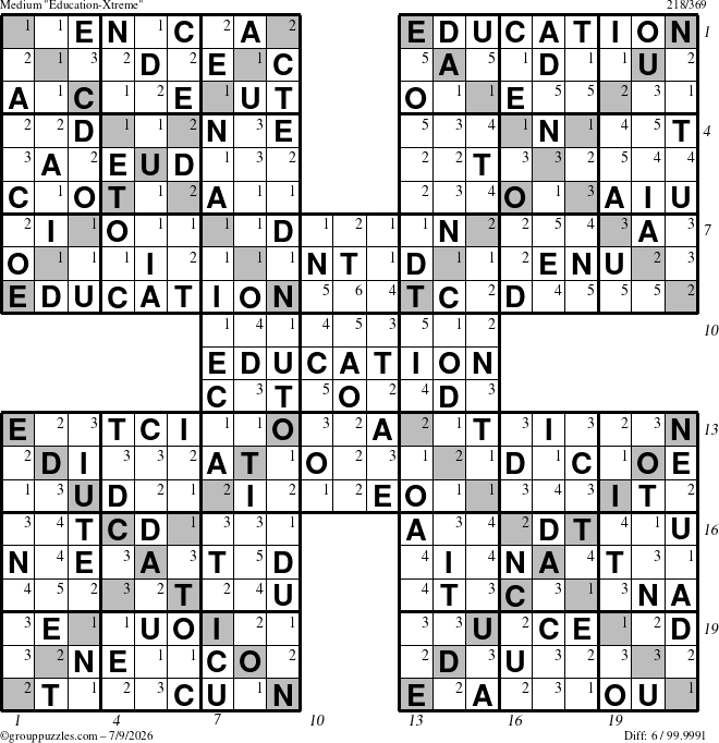 The grouppuzzles.com Medium Education-Xtreme puzzle for Thursday July 9, 2026, suitable for printing, with all 6 steps marked