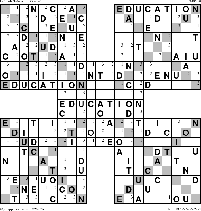 The grouppuzzles.com Difficult Education-Xtreme puzzle for Thursday July 9, 2026 with the first 3 steps marked
