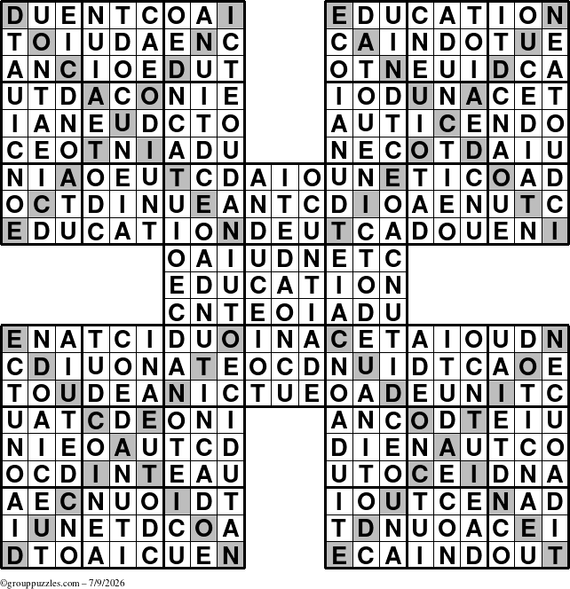 The grouppuzzles.com Answer grid for the Education-Xtreme puzzle for Thursday July 9, 2026