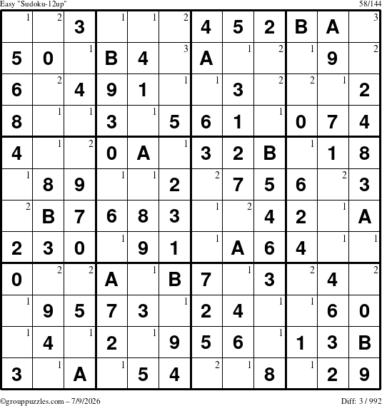 The grouppuzzles.com Easy Sudoku-12up puzzle for Thursday July 9, 2026 with the first 3 steps marked