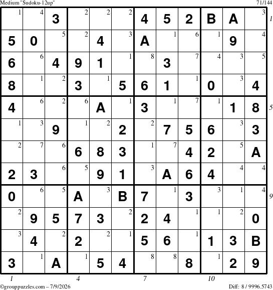The grouppuzzles.com Medium Sudoku-12up puzzle for Thursday July 9, 2026, suitable for printing, with all 8 steps marked