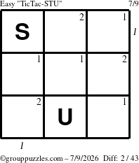The grouppuzzles.com Easy TicTac-STU puzzle for Thursday July 9, 2026, suitable for printing, with all 2 steps marked
