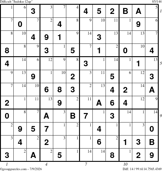 The grouppuzzles.com Difficult Sudoku-12up puzzle for Thursday July 9, 2026, suitable for printing, with all 14 steps marked