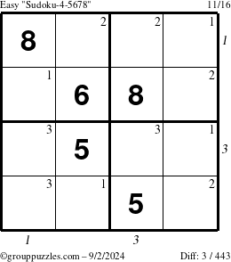 The grouppuzzles.com Easy Sudoku-4-5678 puzzle for Monday September 2, 2024, suitable for printing, with all 3 steps marked