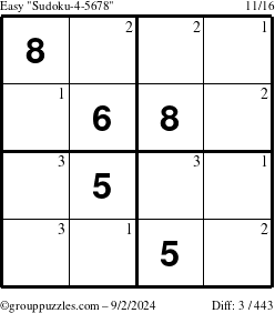 The grouppuzzles.com Easy Sudoku-4-5678 puzzle for Monday September 2, 2024 with the first 3 steps marked