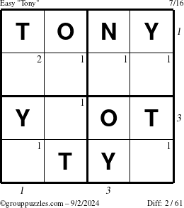 The grouppuzzles.com Easy Tony puzzle for Monday September 2, 2024 with all 2 steps marked