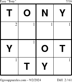 The grouppuzzles.com Easy Tony puzzle for Monday September 2, 2024 with the first 2 steps marked