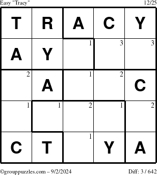 The grouppuzzles.com Easy Tracy puzzle for Monday September 2, 2024 with the first 3 steps marked