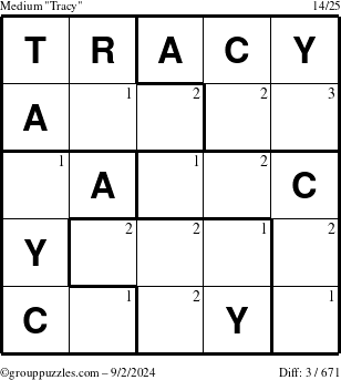 The grouppuzzles.com Medium Tracy puzzle for Monday September 2, 2024 with the first 3 steps marked