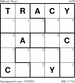 The grouppuzzles.com Difficult Tracy puzzle for Monday September 2, 2024 with the first 3 steps marked