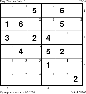 The grouppuzzles.com Easy Sudoku-Junior puzzle for Monday September 2, 2024 with all 4 steps marked