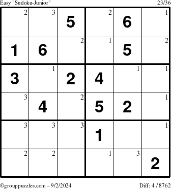 The grouppuzzles.com Easy Sudoku-Junior puzzle for Monday September 2, 2024 with the first 3 steps marked