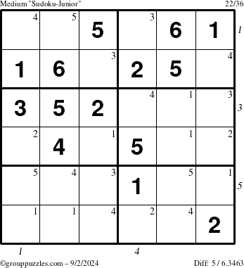 The grouppuzzles.com Medium Sudoku-Junior puzzle for Monday September 2, 2024 with all 5 steps marked