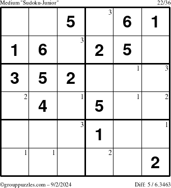 The grouppuzzles.com Medium Sudoku-Junior puzzle for Monday September 2, 2024 with the first 3 steps marked