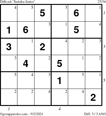 The grouppuzzles.com Difficult Sudoku-Junior puzzle for Monday September 2, 2024, suitable for printing, with all 5 steps marked