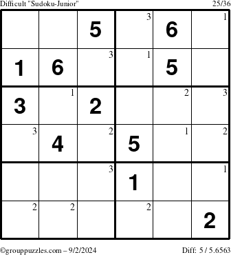 The grouppuzzles.com Difficult Sudoku-Junior puzzle for Monday September 2, 2024 with the first 3 steps marked