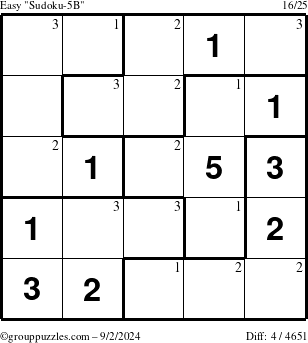 The grouppuzzles.com Easy Sudoku-5B puzzle for Monday September 2, 2024 with the first 3 steps marked