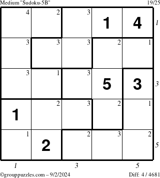 The grouppuzzles.com Medium Sudoku-5B puzzle for Monday September 2, 2024 with all 4 steps marked