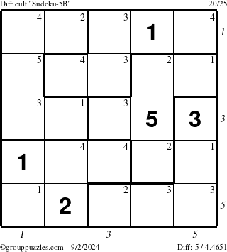 The grouppuzzles.com Difficult Sudoku-5B puzzle for Monday September 2, 2024 with all 5 steps marked