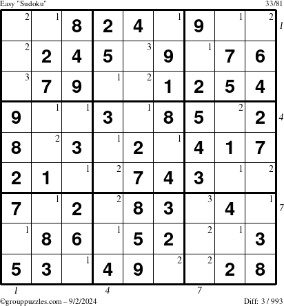 The grouppuzzles.com Easy Sudoku puzzle for Monday September 2, 2024 with all 3 steps marked