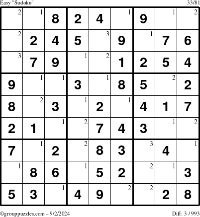 The grouppuzzles.com Easy Sudoku puzzle for Monday September 2, 2024 with the first 3 steps marked