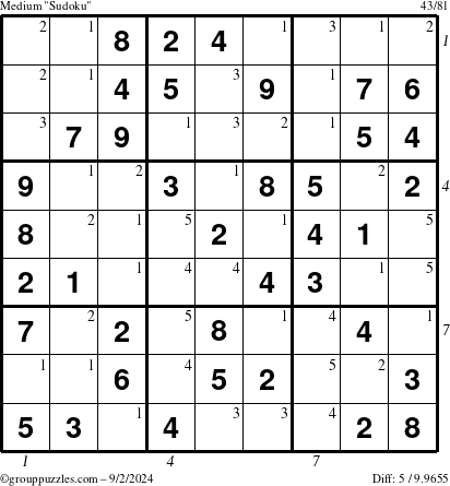 The grouppuzzles.com Medium Sudoku puzzle for Monday September 2, 2024, suitable for printing, with all 5 steps marked