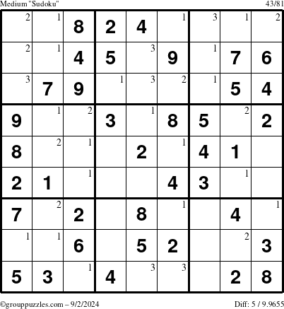 The grouppuzzles.com Medium Sudoku puzzle for Monday September 2, 2024 with the first 3 steps marked