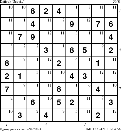 The grouppuzzles.com Difficult Sudoku puzzle for Monday September 2, 2024 with all 12 steps marked