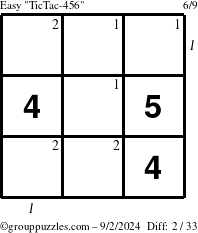 The grouppuzzles.com Easy TicTac-456 puzzle for Monday September 2, 2024 with all 2 steps marked