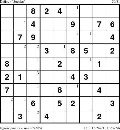 The grouppuzzles.com Difficult Sudoku puzzle for Monday September 2, 2024 with the first 3 steps marked