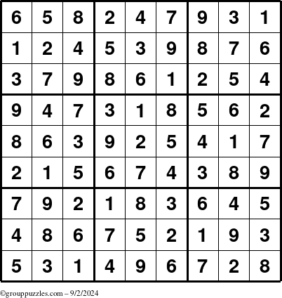 The grouppuzzles.com Answer grid for the Sudoku puzzle for Monday September 2, 2024