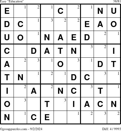 The grouppuzzles.com Easy Education-c1 puzzle for Monday September 2, 2024 with the first 3 steps marked