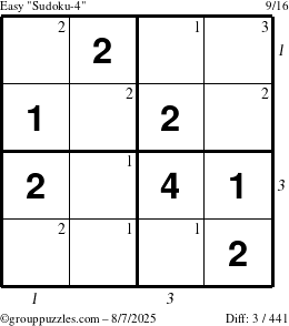 The grouppuzzles.com Easy Sudoku-4 puzzle for Thursday August 7, 2025 with all 3 steps marked
