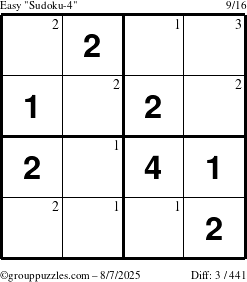 The grouppuzzles.com Easy Sudoku-4 puzzle for Thursday August 7, 2025 with the first 3 steps marked