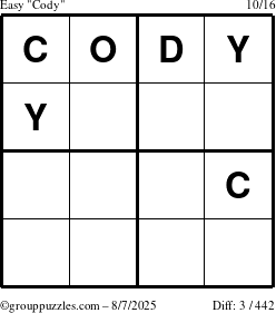 The grouppuzzles.com Easy Cody puzzle for Thursday August 7, 2025