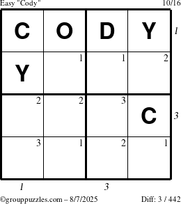 The grouppuzzles.com Easy Cody puzzle for Thursday August 7, 2025 with all 3 steps marked