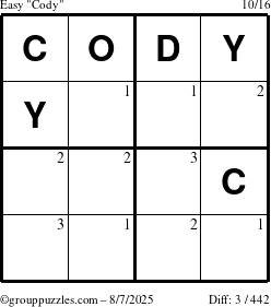 The grouppuzzles.com Easy Cody puzzle for Thursday August 7, 2025 with the first 3 steps marked
