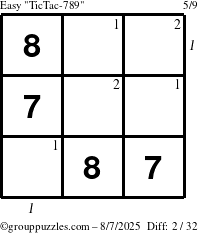 The grouppuzzles.com Easy TicTac-789 puzzle for Thursday August 7, 2025 with all 2 steps marked