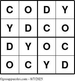 The grouppuzzles.com Answer grid for the Cody puzzle for Thursday August 7, 2025