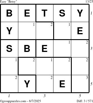 The grouppuzzles.com Easy Betsy puzzle for Thursday August 7, 2025 with all 3 steps marked