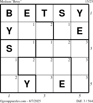 The grouppuzzles.com Medium Betsy puzzle for Thursday August 7, 2025 with all 3 steps marked