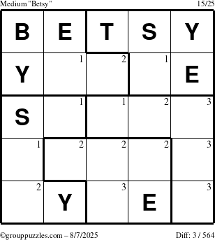 The grouppuzzles.com Medium Betsy puzzle for Thursday August 7, 2025 with the first 3 steps marked