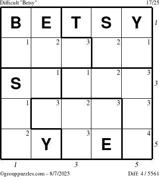 The grouppuzzles.com Difficult Betsy puzzle for Thursday August 7, 2025 with all 4 steps marked